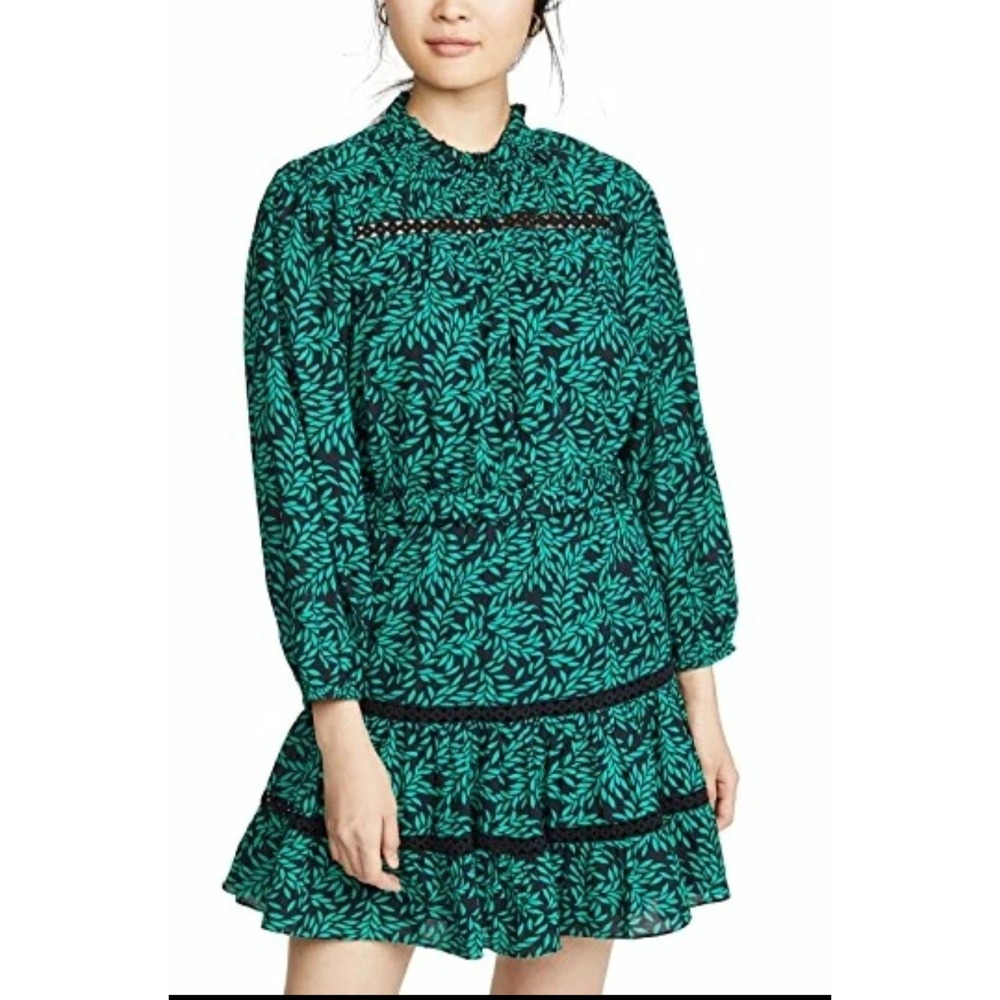 Joie Green Black Leaf Print Crochet Trim Ruffle Neck Mini DressWomens Medium NWT